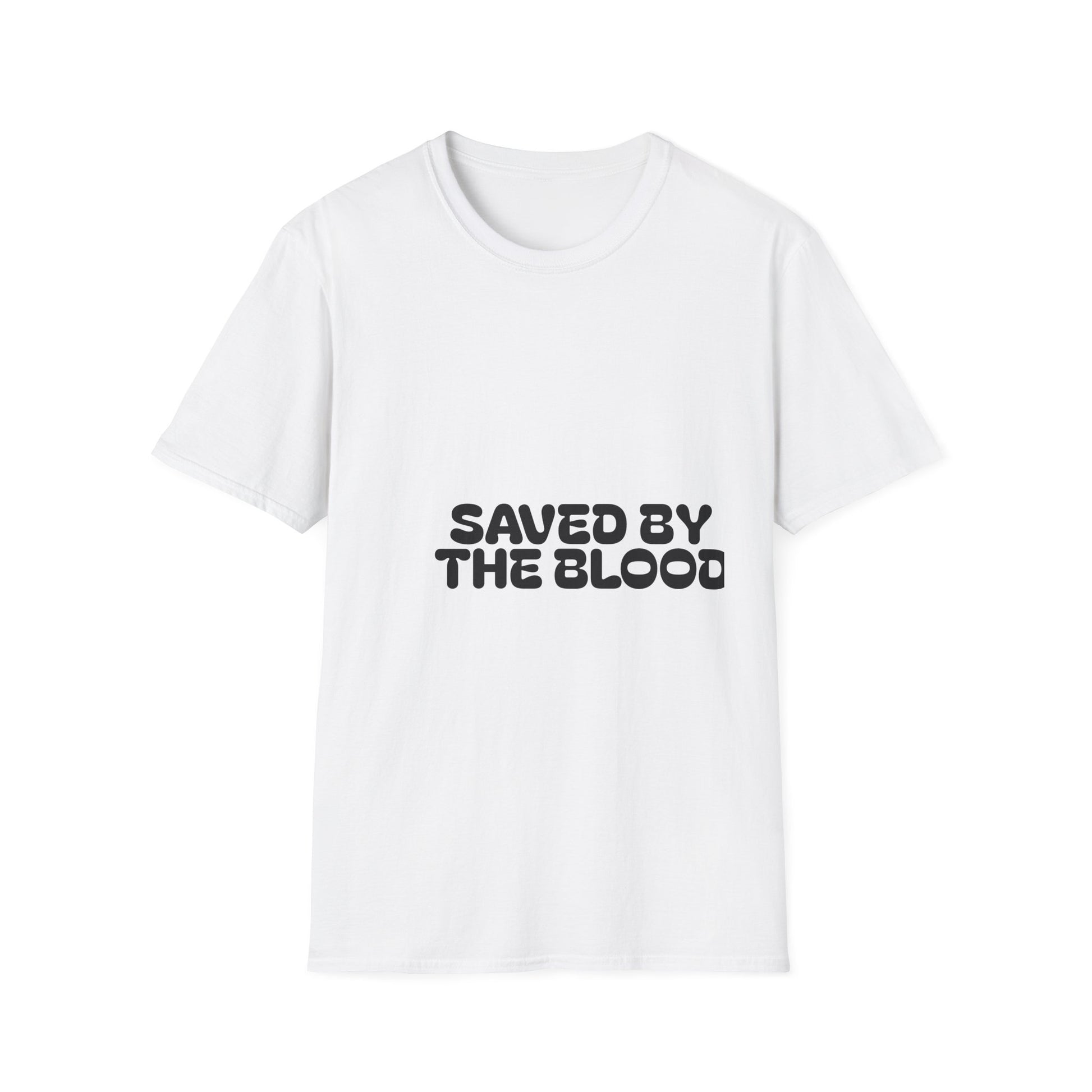 Saved By The Blood faith tee, bold chest print, ring-spun cotton — Apparel By Junior