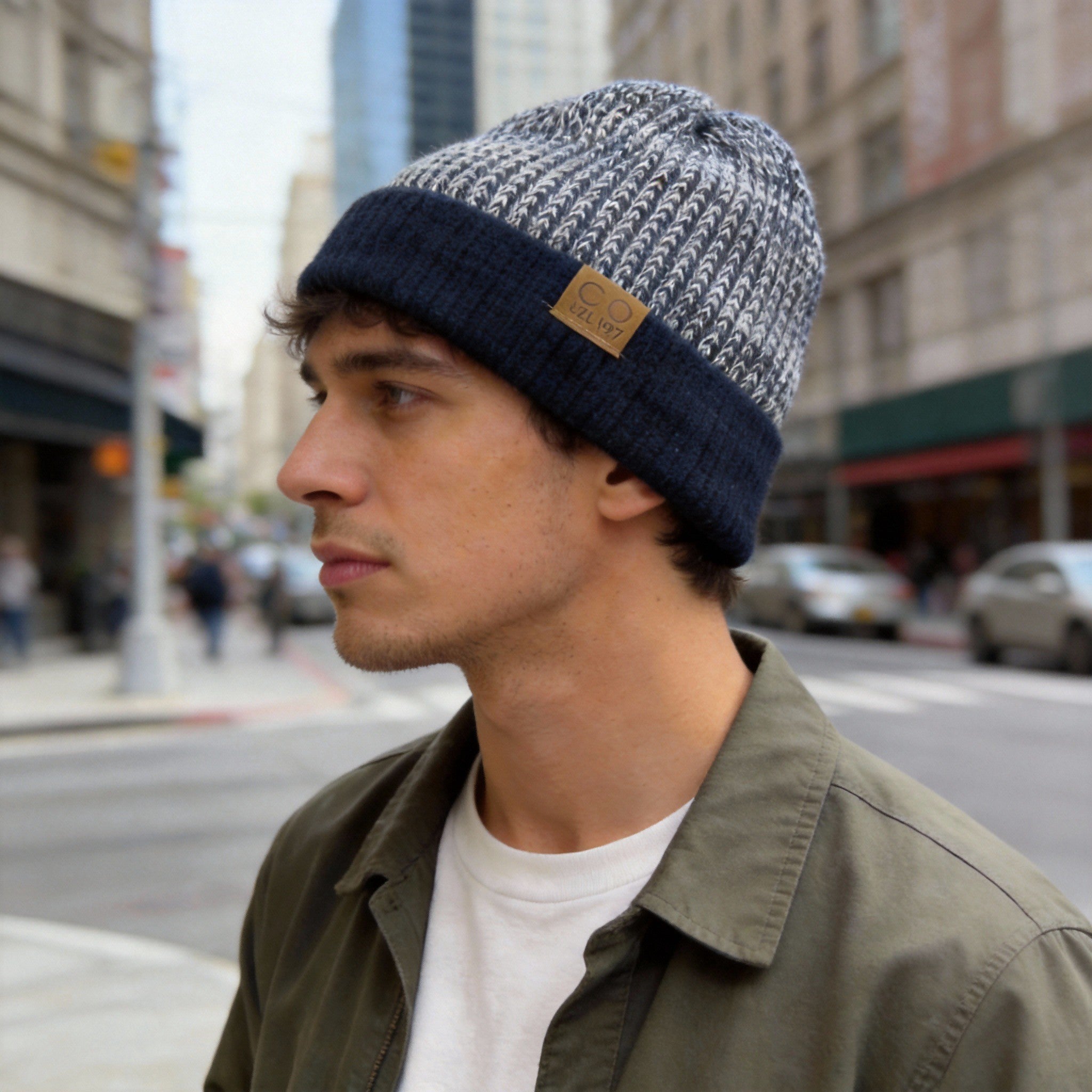 Ribbed knit beanie detail