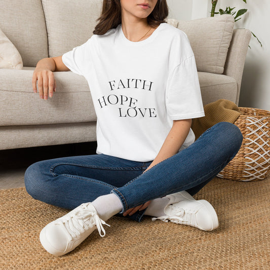Faith Hope Love minimal Christian tee, serif chest lettering — Apparel By Junior