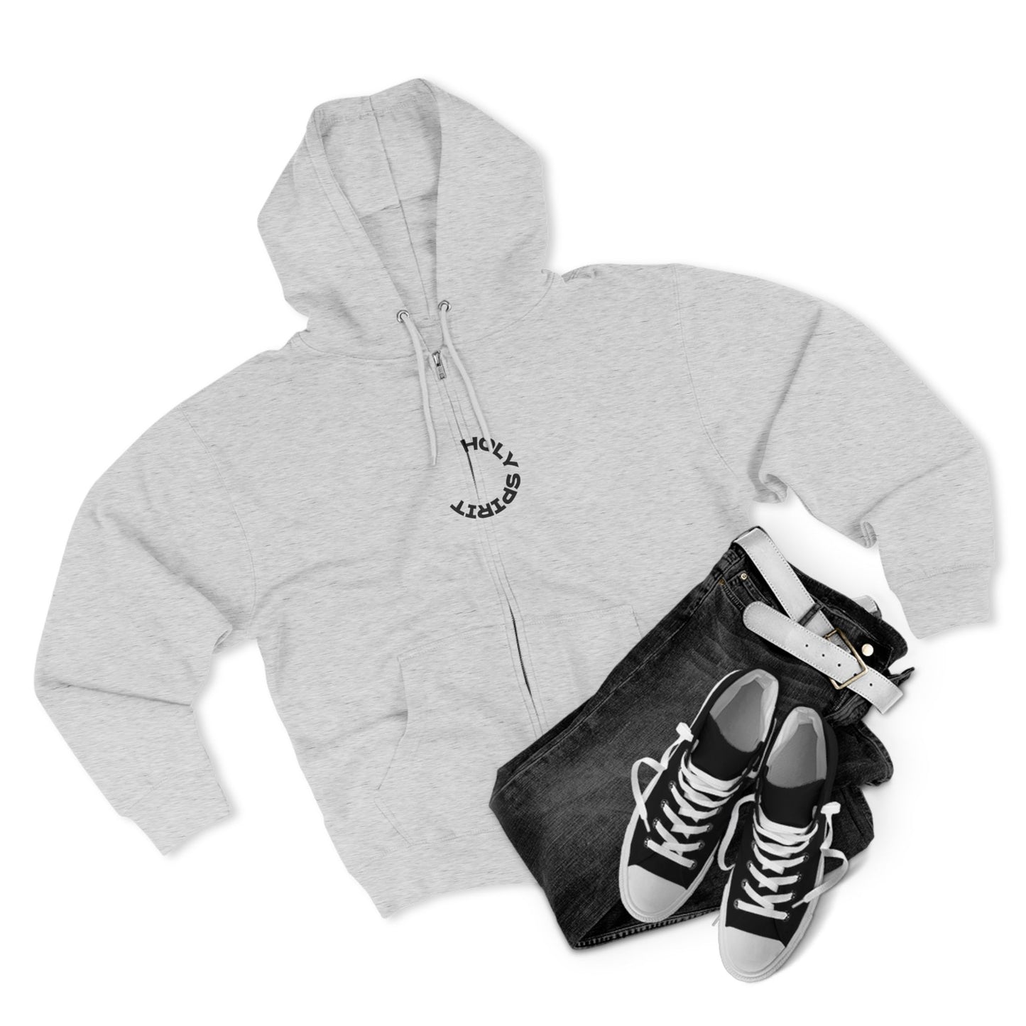 Holy Spirit zip-up hoodie, kangaroo pocket and circular chest motif — Apparel By Junior
