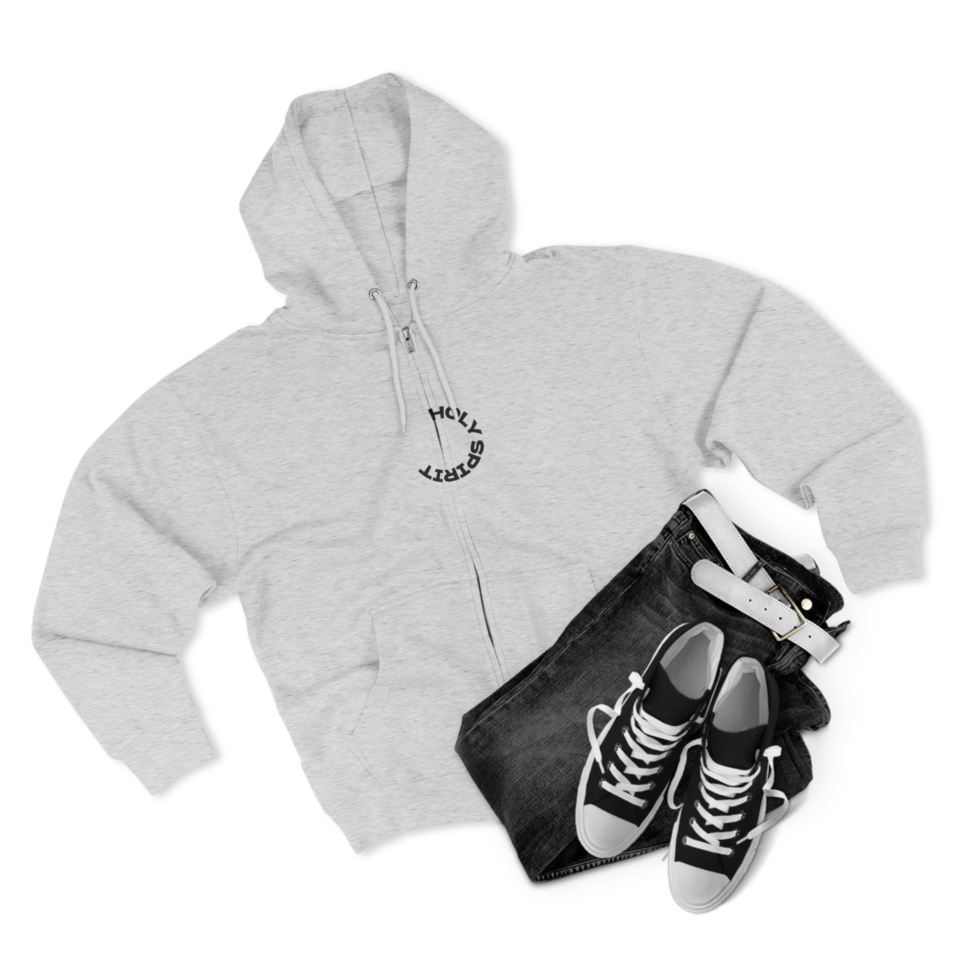 Holy Spirit zip-up hoodie, kangaroo pocket and circular chest motif — Apparel By Junior