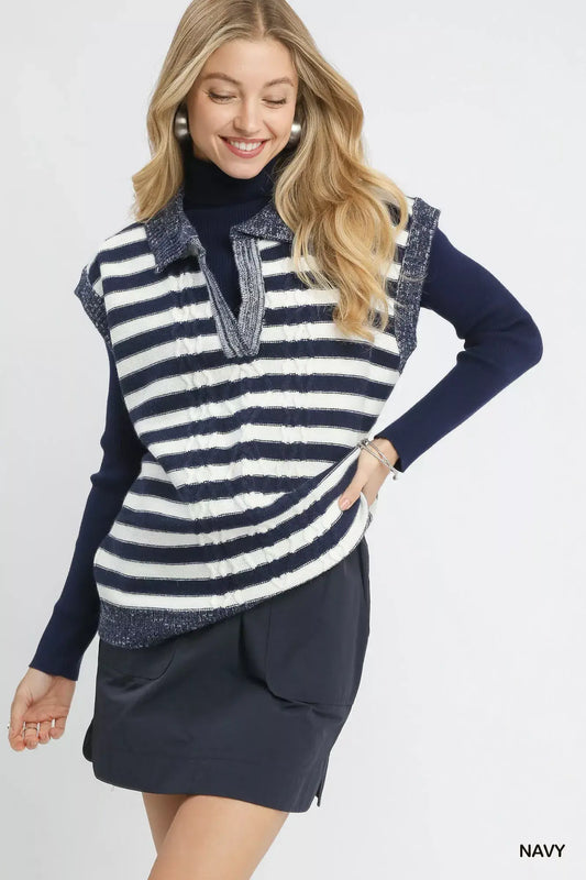Umgee cable knit collared striped vest sweater — Apparel By Junior