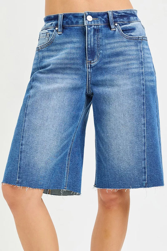 RISEN raw hem jorts, slouchy baggy knee-length denim shorts — Apparel By Junior