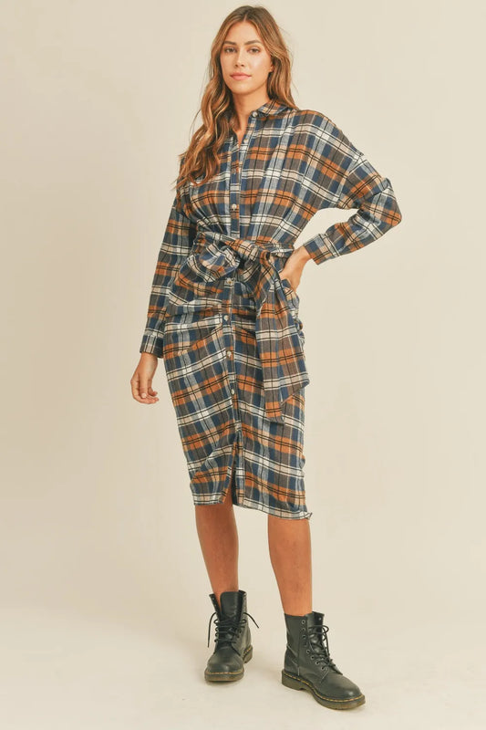 Mable Plaid Flannel Front Tie Button Down Shirt Dress — Apparel By Junior