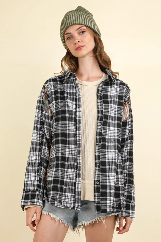 VERY J plaid flannel long sleeve raw edge button-up shirt — Apparel By Junior