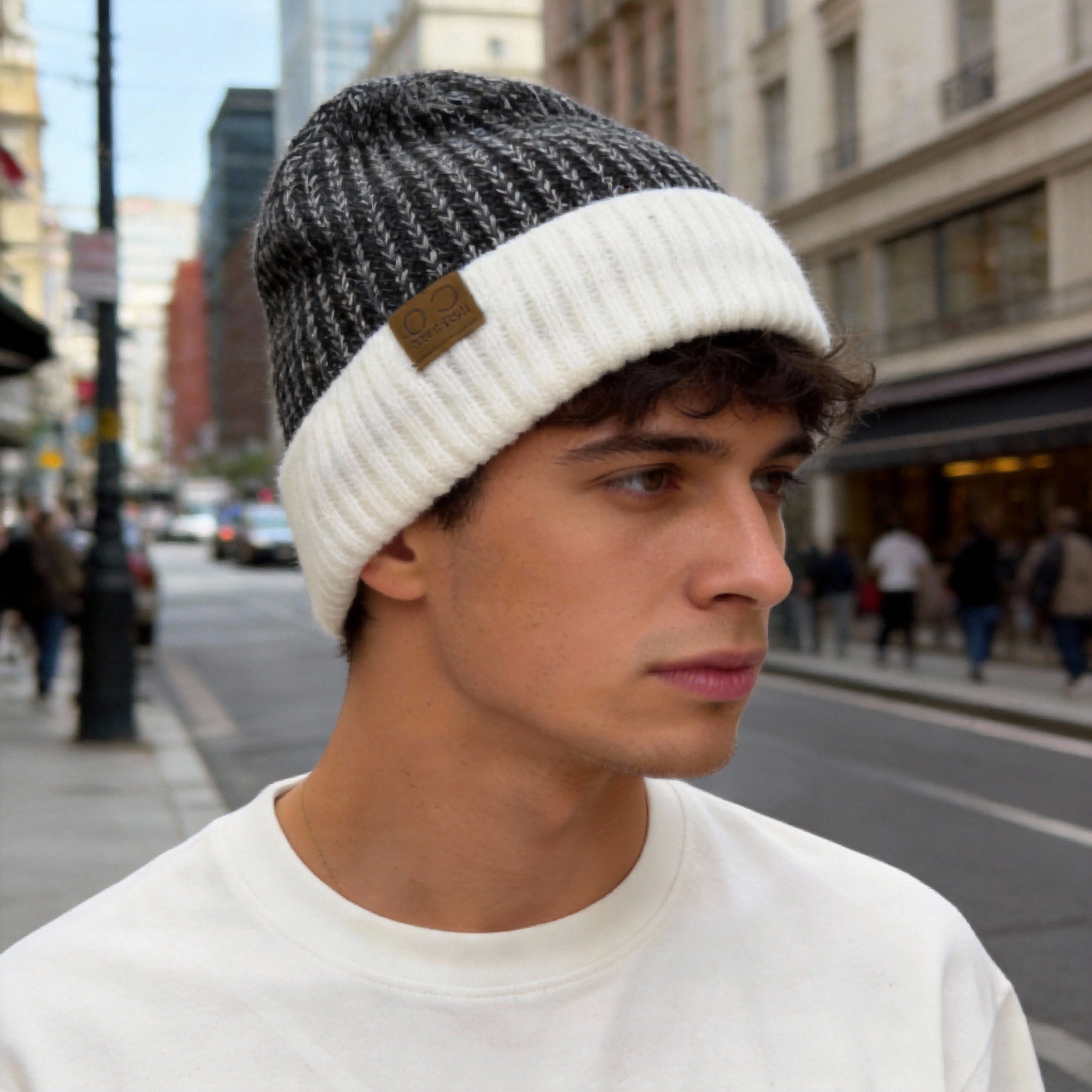 Ribbed knit beanie worn