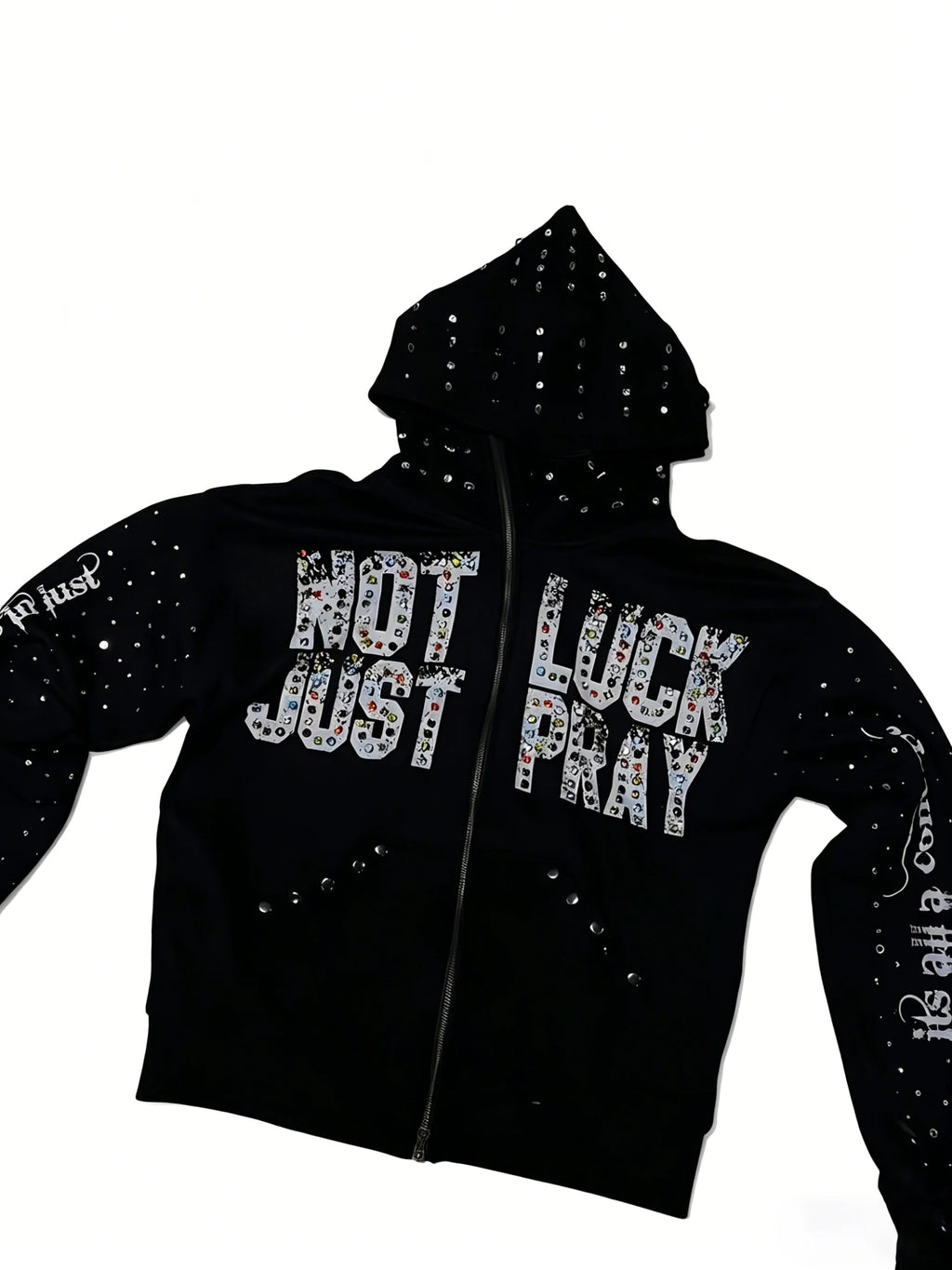 Y2K rhinestone-studded hooded sweatshirt with a NOT JUST LUCK PRAY letter print, perfect for everyday wear.