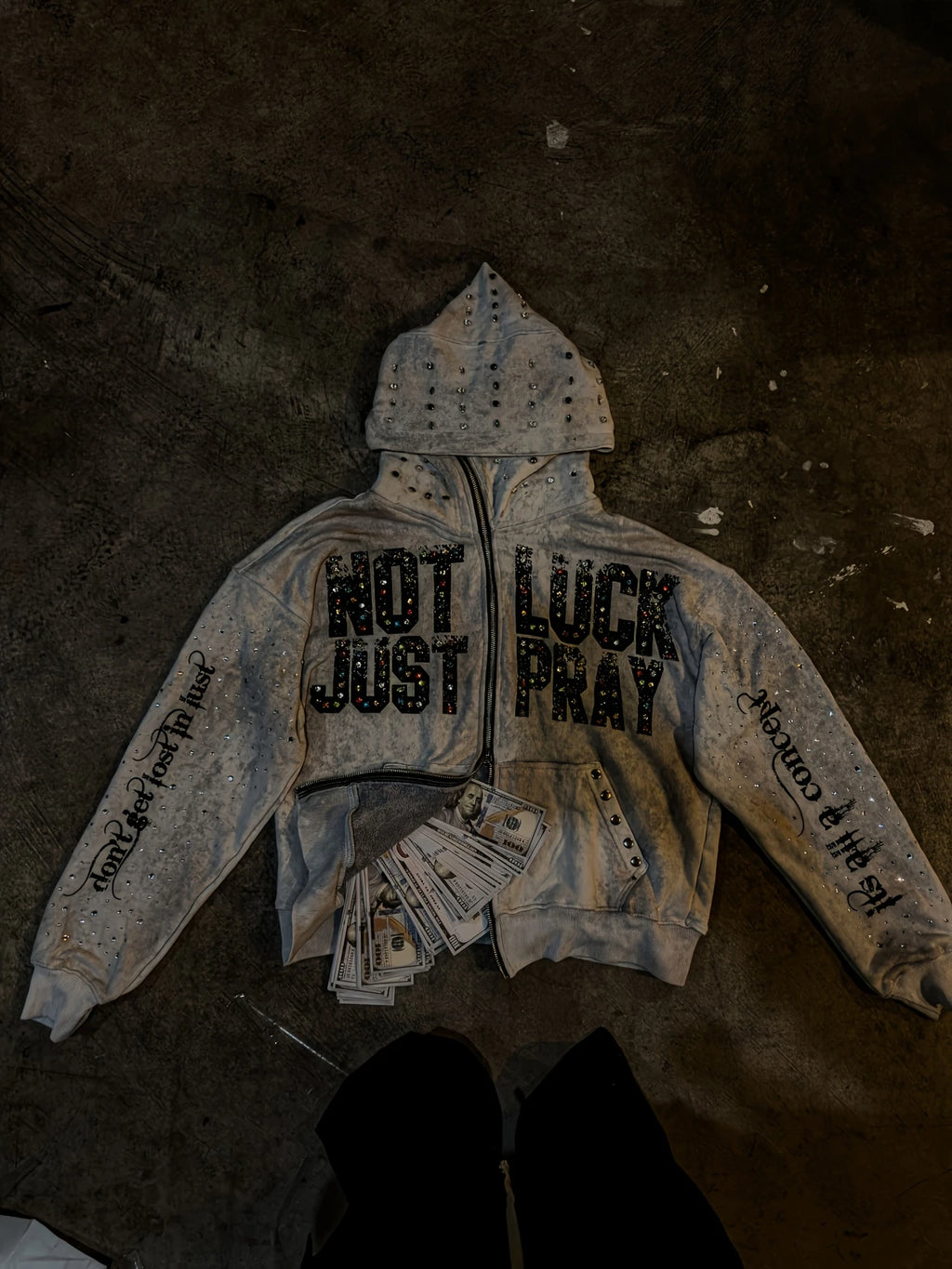 Y2K rhinestone-studded hooded sweatshirt with a NOT JUST LUCK PRAY letter print, perfect for everyday wear.