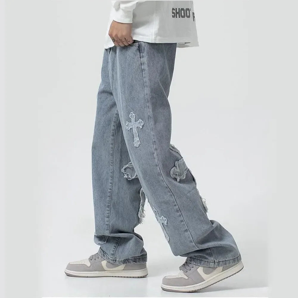 Cross Denim Baggy Jeans Y2K Streetwear Hip Hop Low Rise Korean Fashion