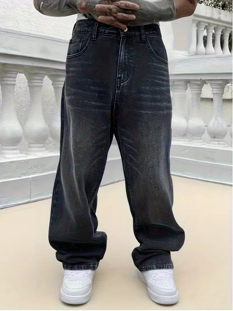 Men's loose wide-leg jeans, black washed non-stretch denim pants, multi-pocket design, suitable for daily casual wear.