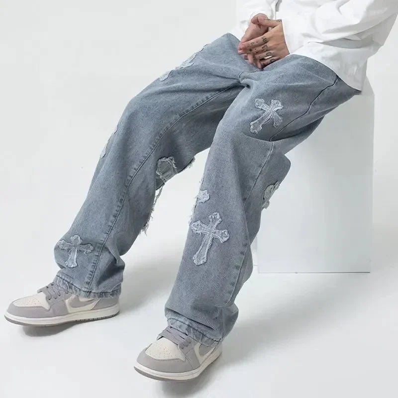 Cross Denim Baggy Jeans Y2K Streetwear Hip Hop Low Rise Korean Fashion