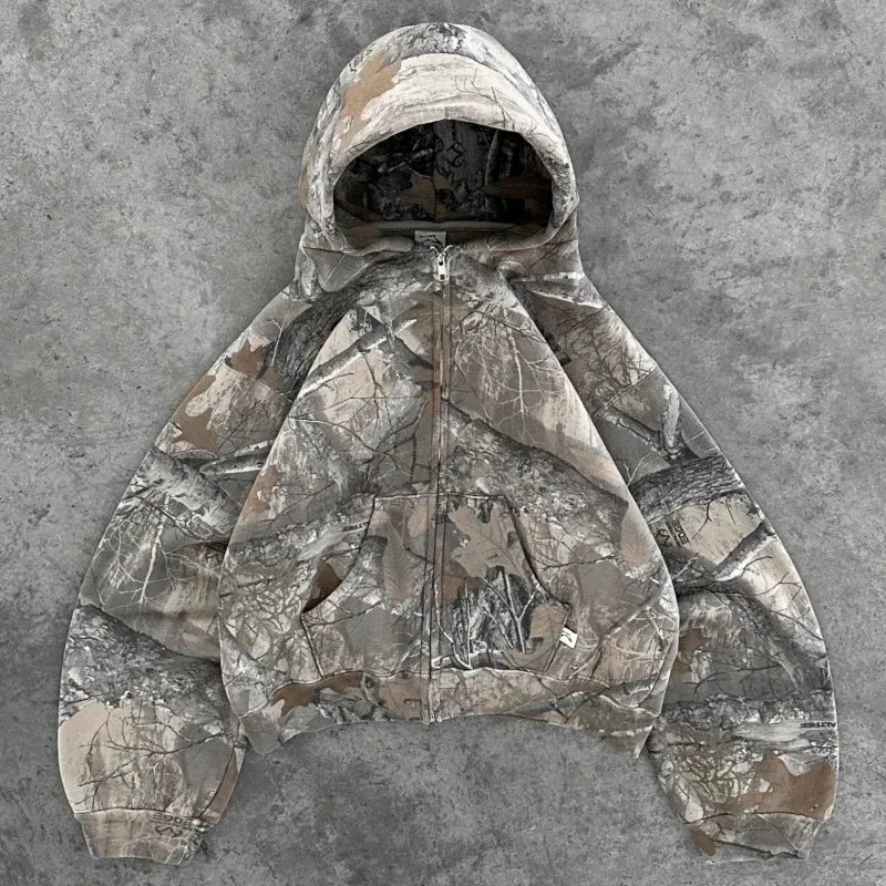 Hoodie Y2K Retro zip up Camouflage Pattern zipper Sweatshirt High Street Hip Hop Streetwear Oversized Unisex Camo Hoodie
