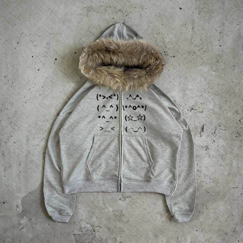 Faur collar Harajuku Zip up