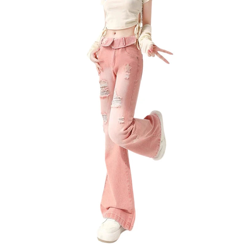 Pink Star High Waist Ripped Denims