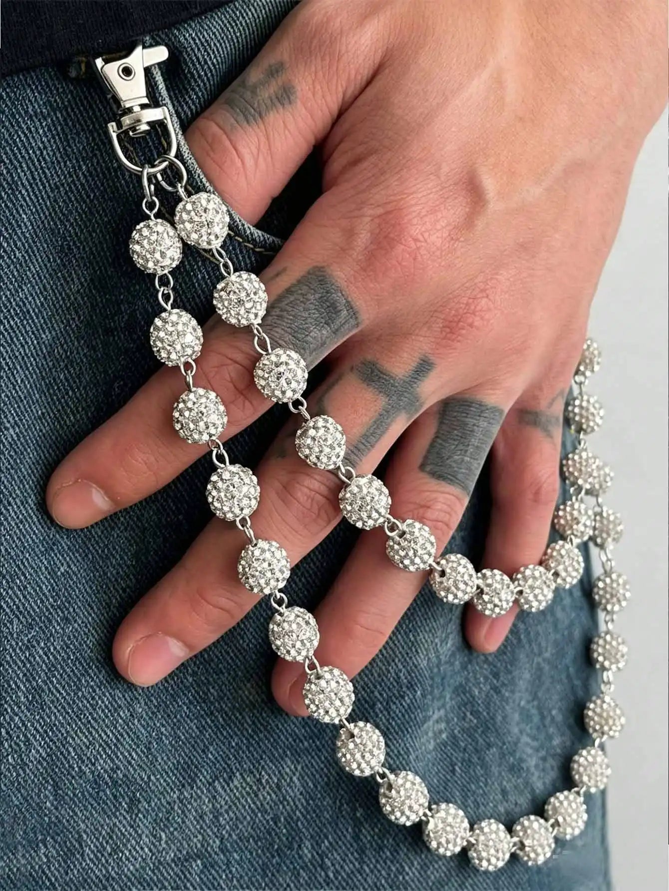 Street Style Zinc Alloy Rhinestone Double-Strand Jeans Chain, Unisex Hiphop Punk Crystal Ball Waist Chain Accessory, Y2K Baddie Aestheticrave Festival Outfit
