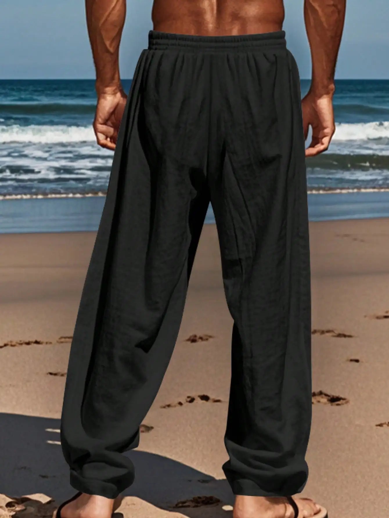 Men Linen Wide Leg Casual Pants Loose Lightweight Trousers Breathable Summer Spring Fall Daily Wear