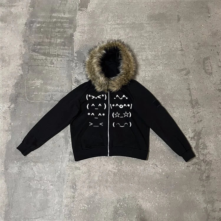 Faur collar Harajuku Zip up