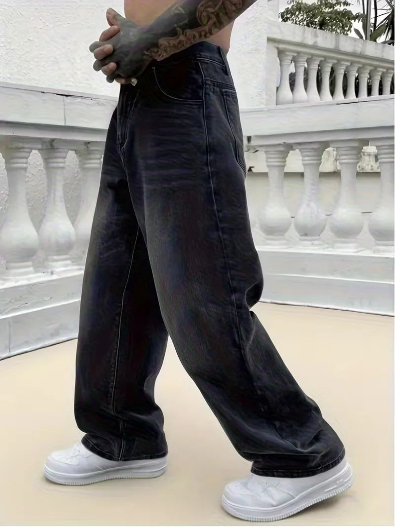 Men's loose wide-leg jeans, black washed non-stretch denim pants, multi-pocket design, suitable for daily casual wear.