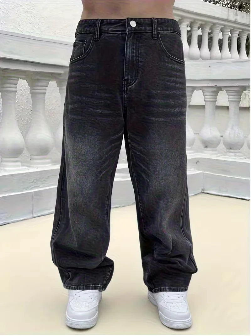 Men's loose wide-leg jeans, black washed non-stretch denim pants, multi-pocket design, suitable for daily casual wear.