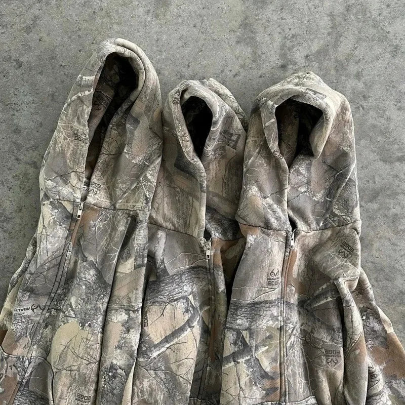 Hoodie Y2K Retro zip up Camouflage Pattern zipper Sweatshirt High Street Hip Hop Streetwear Oversized Unisex Camo Hoodie