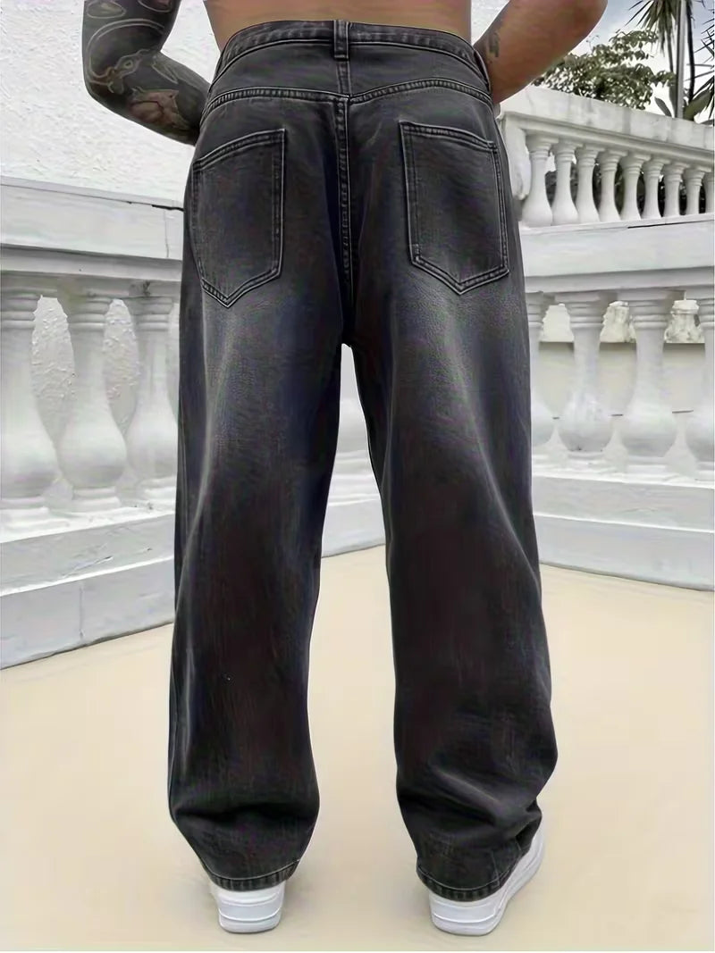 Men's loose wide-leg jeans, black washed non-stretch denim pants, multi-pocket design, suitable for daily casual wear.