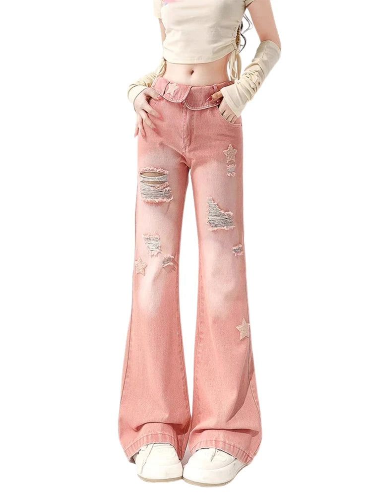 Pink Star High Waist Ripped Denims