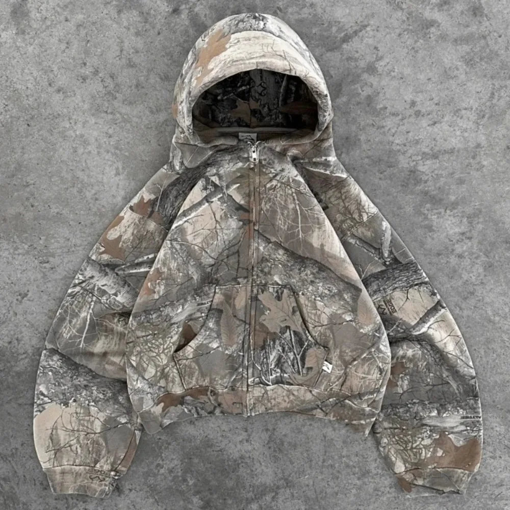 Hoodie Y2K Retro zip up Camouflage Pattern zipper Sweatshirt High Street Hip Hop Streetwear Oversized Unisex Camo Hoodie