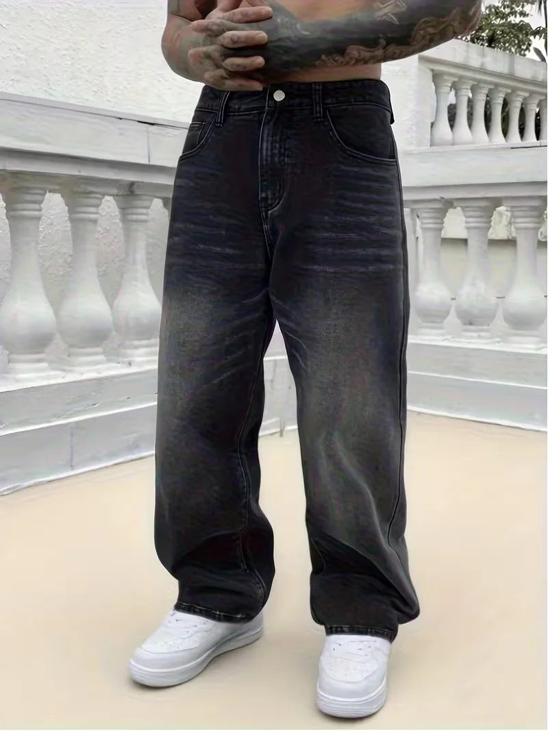 Men's loose wide-leg jeans, black washed non-stretch denim pants, multi-pocket design, suitable for daily casual wear.