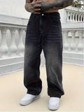Men's loose wide-leg jeans, black washed non-stretch denim pants, multi-pocket design, suitable for daily casual wear.