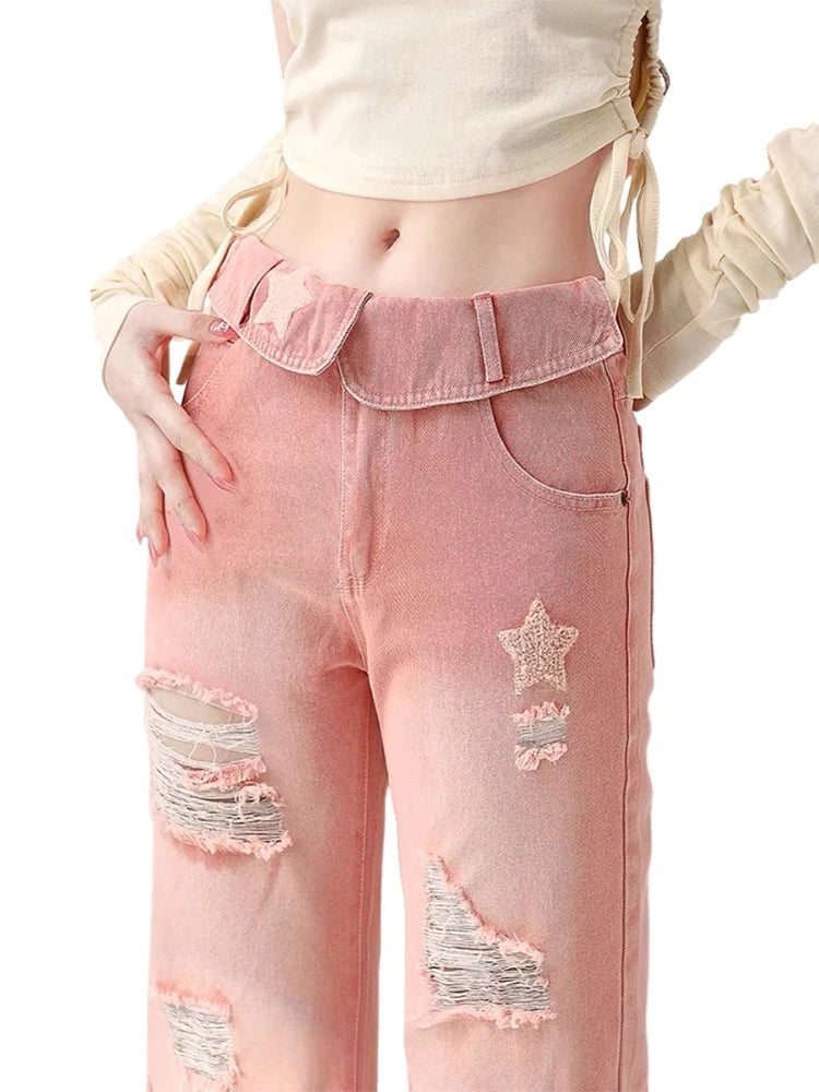 Pink Star High Waist Ripped Denims