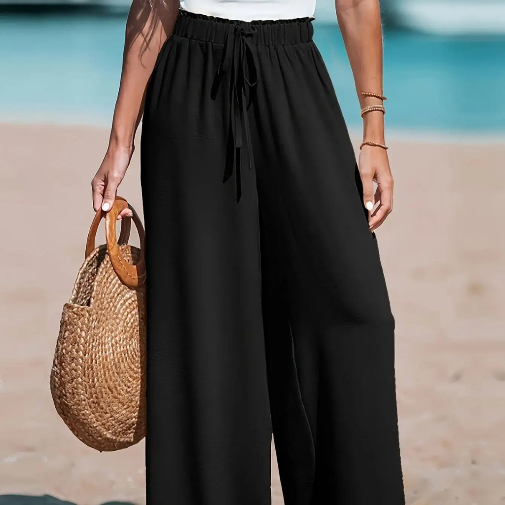 Women's Casual Wide Leg Pants - All Season Comfort Pockets Elastic Waist Loose Fit Solid Color Pants Suitable for Outdoor and Le