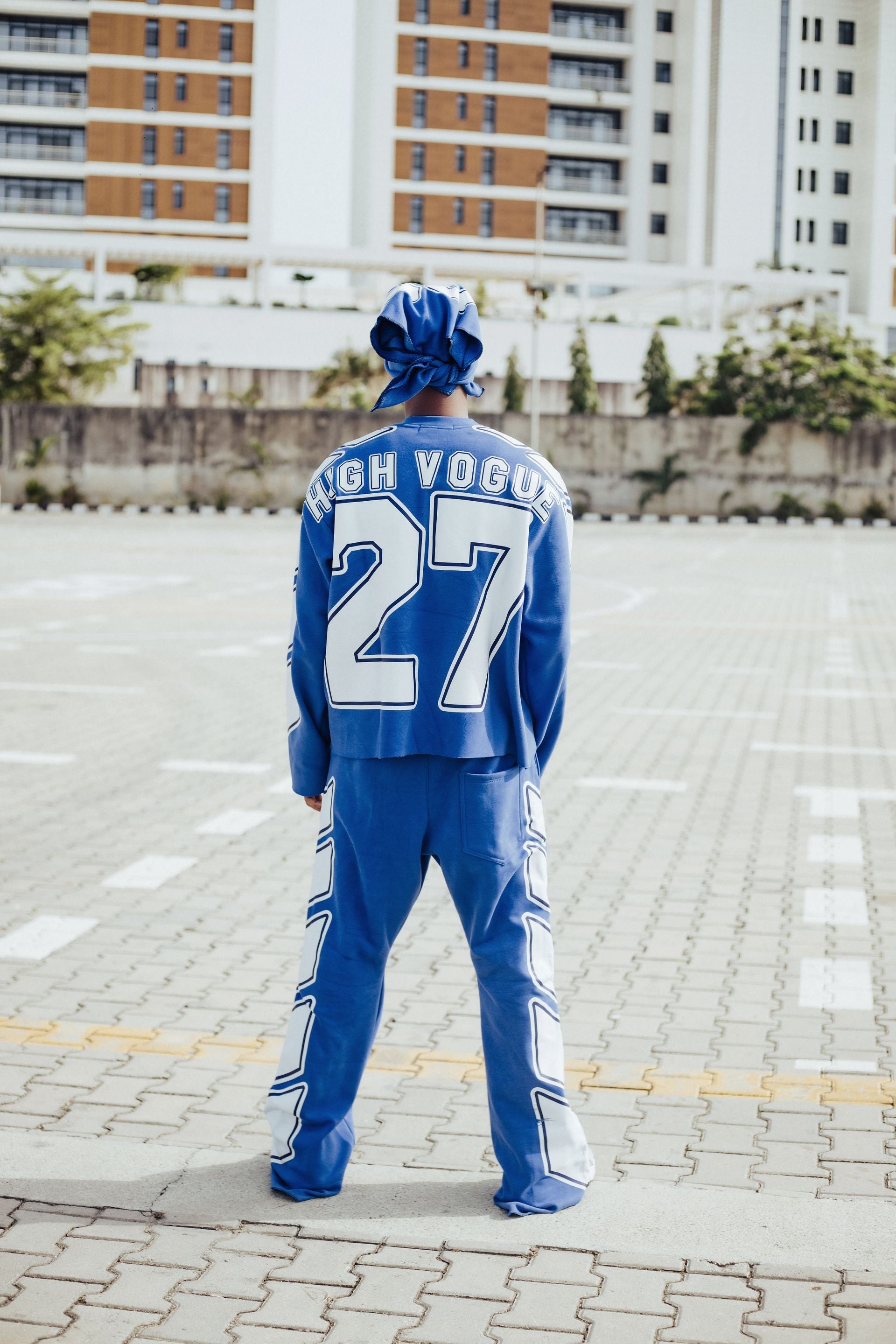 Streetwear fashion back view in urban setting