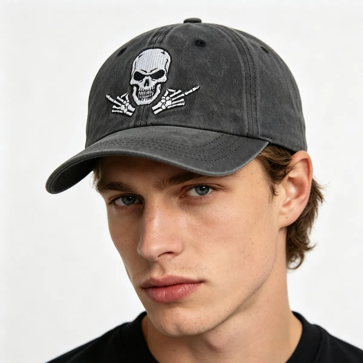 Washed Skull Embroidered Baseball Cap detail